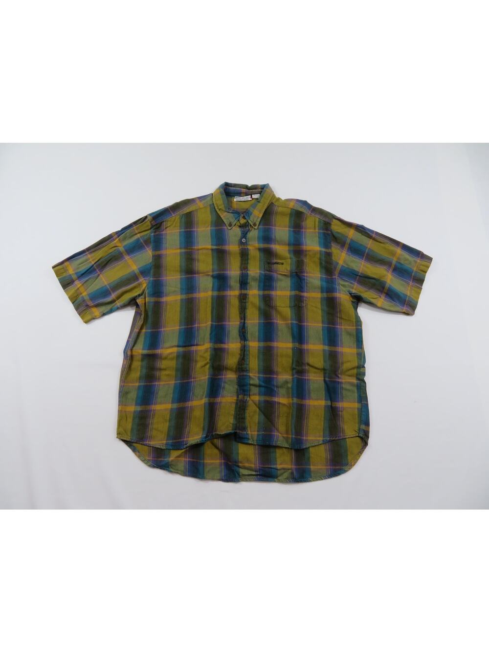 Brittania Casual Shirt Green Blue Purple Yellow Plaid Sz L 1990s